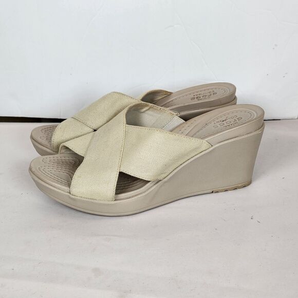 Crocs Wedge Sandal Crocs Leigh II XStrap‎ Wedge Beige beach vacation Size 9 - Picture 1 of 9